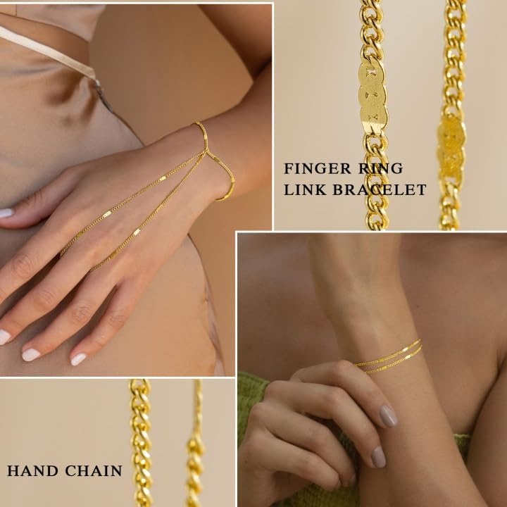 Yoosteel Hand Chain Bracelet for Women - Dainty 14K-Gold-Plated Finger Ring Hand Chains Layered Trendy Link Bracelets Jewelry Valentine's Day Gifts for Women - Image 5
